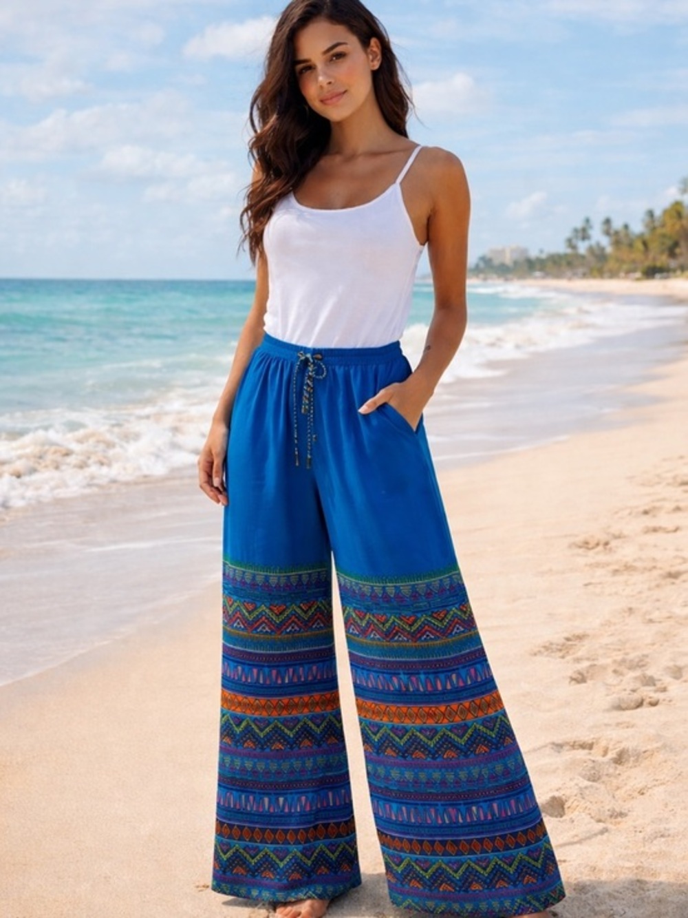 The Classic Royal Blue Wide-Leg Tribal Print Pants